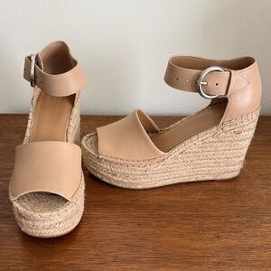 Marc Fisher Tan Espadrille Wedge Sandals with Ankle Buckle